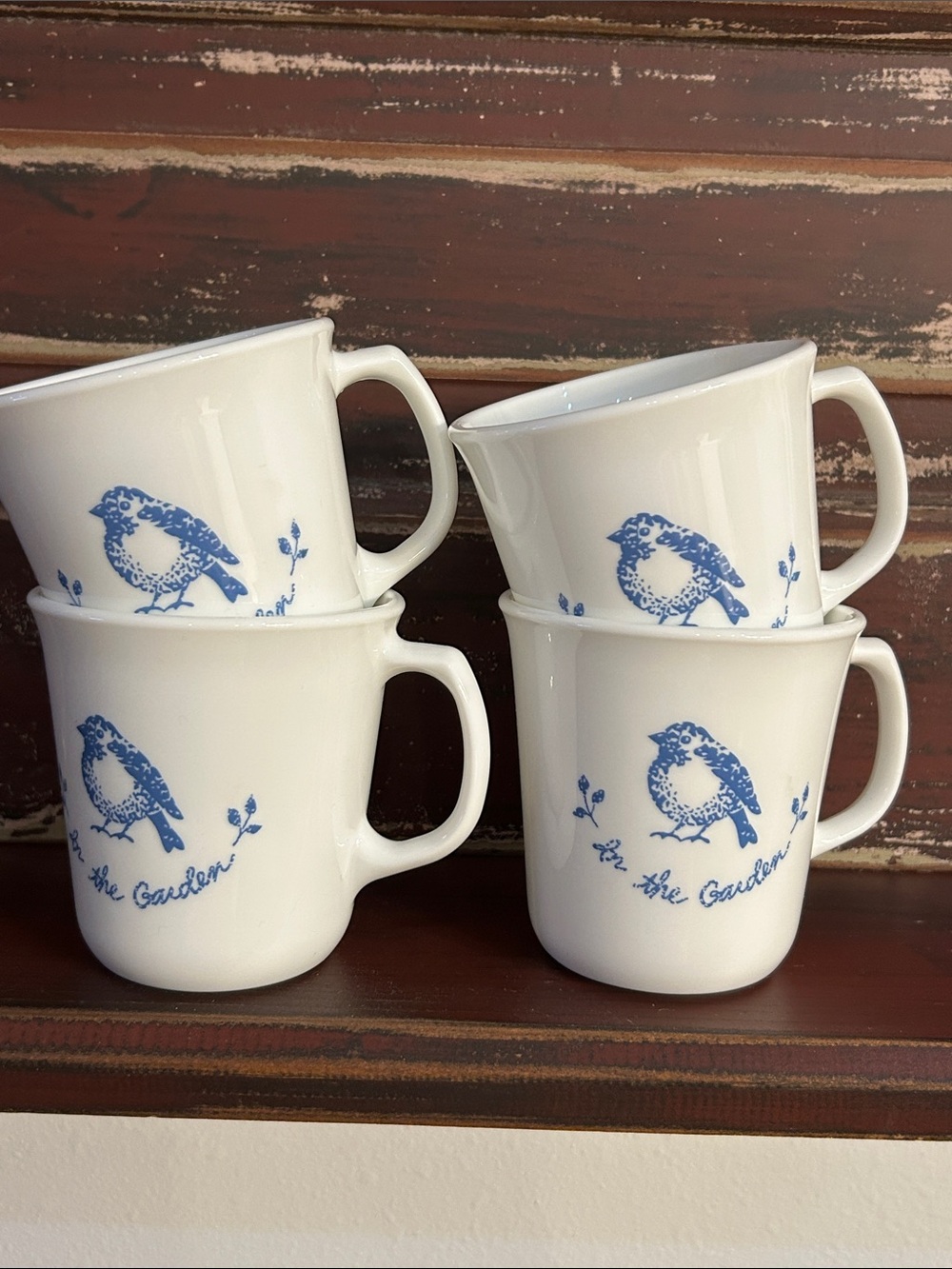 Vintage Corning In The Garden White Cups Mugs Blue Bird 8 Oz Coffee Tea Set of 4